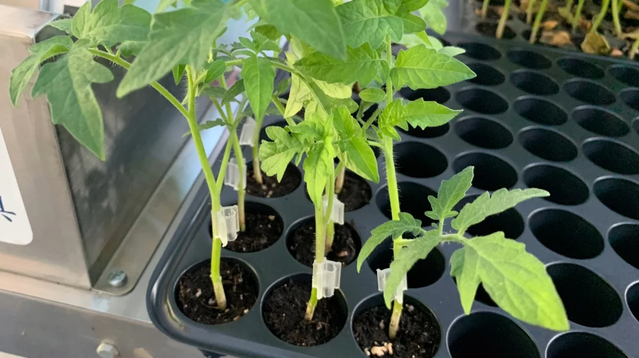 Grafted tomato seedlings supported by clips in a plug tray